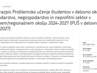 Javni razpis »Problemsko učenje študentov v delovno okolje: gospodarstvo, negospodarstvo in neprofitni sektor v lokalnem/regionalnem okolju 2024-2027«
